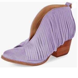 YDN Purple Western Ankle High Boots with Tassels Round Toe Block Heel Suede Shoe